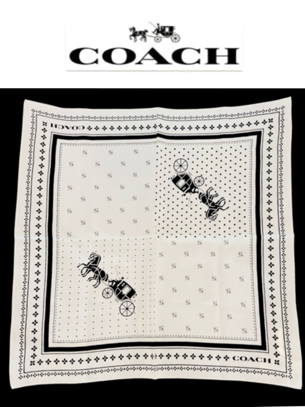 Coach Horse And Carriage Dot Print Silk Bandana chaulk black. BrandNew